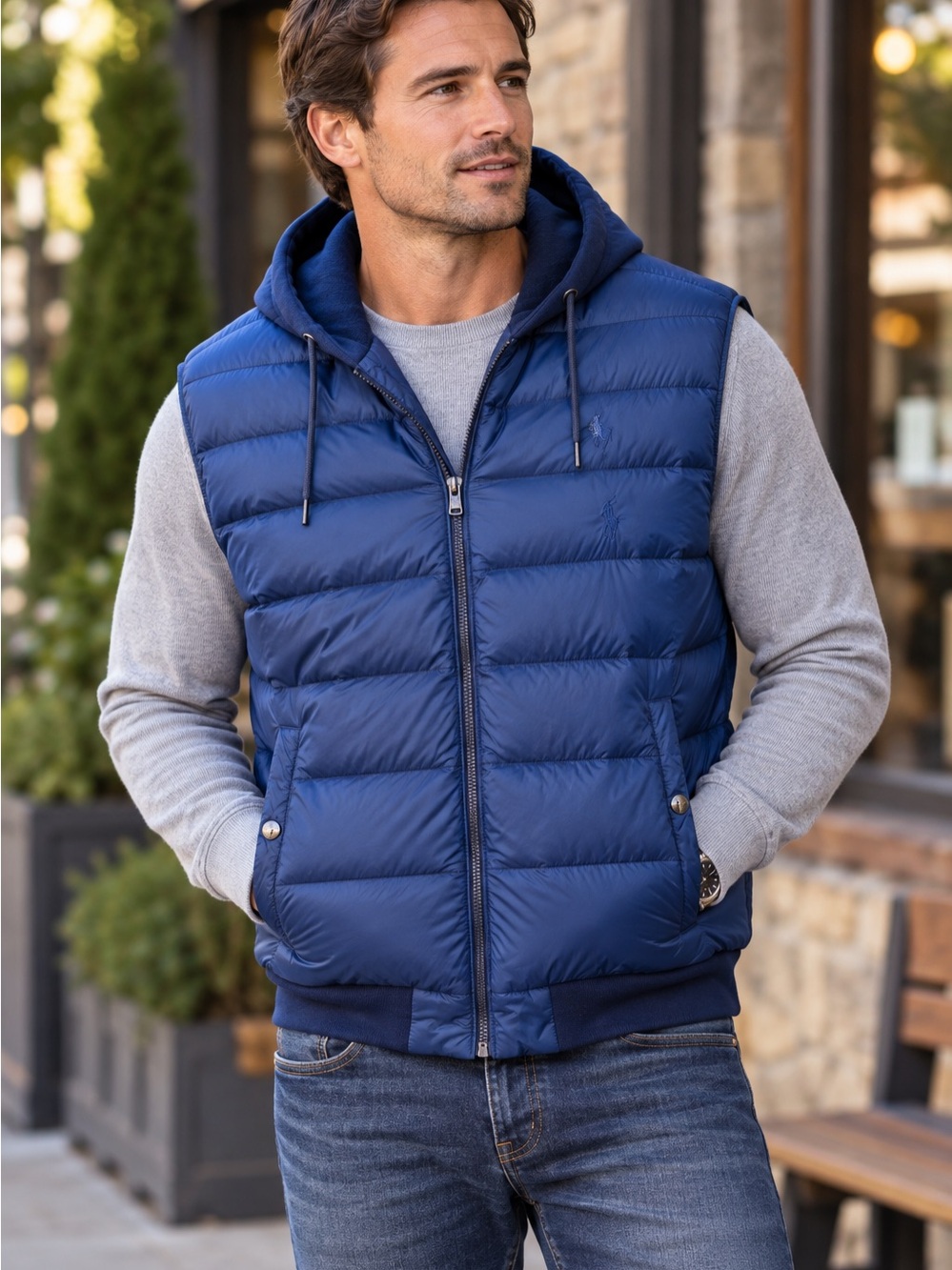 Polo Ralph Lauren Men’s Navy Down Puffer Vest with attached Hood-Large